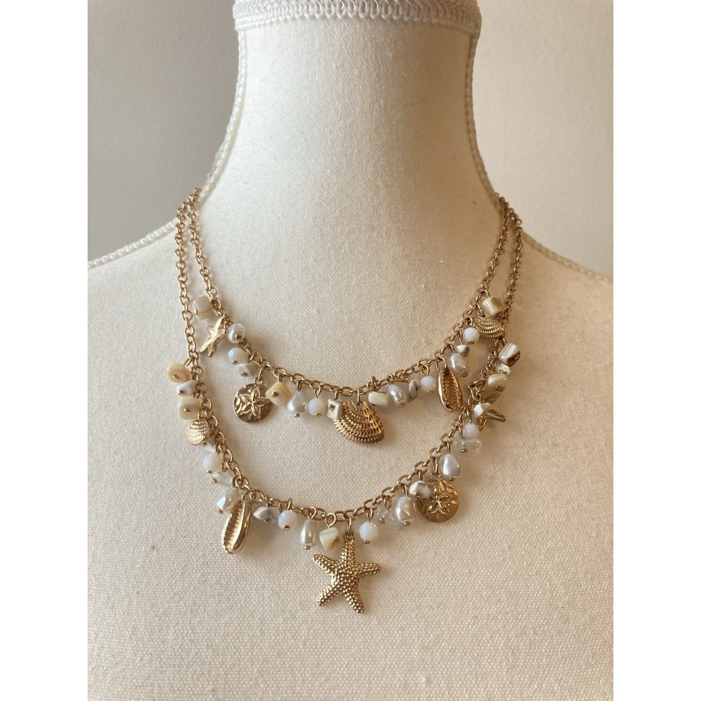 Gold Tone Coastal Charm Layered Necklace Shell Starfish Faux Pearl Bead Beachy